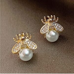 Elegant Gold and Pearl Bee Earrings